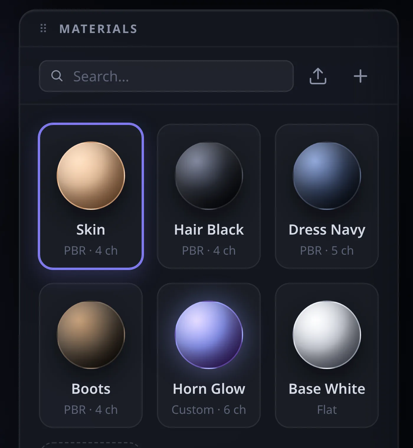The materials library with PBR sphere previews